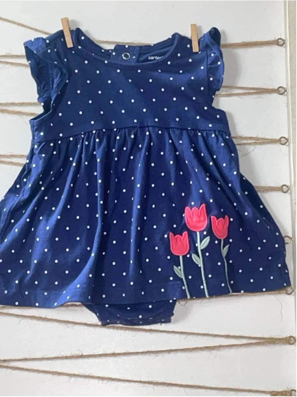 Girls Carter's Blue Polka Dot flowers romper dress 12 months